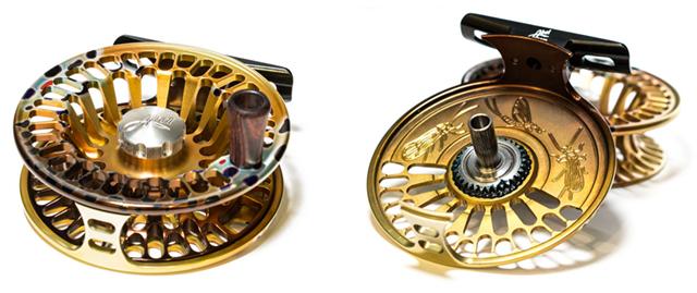 Abel USA alloy trout fly reel in gold finish with padded Abel reel